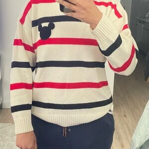 Striped White Red Black Sweater with Mickey Silhouette